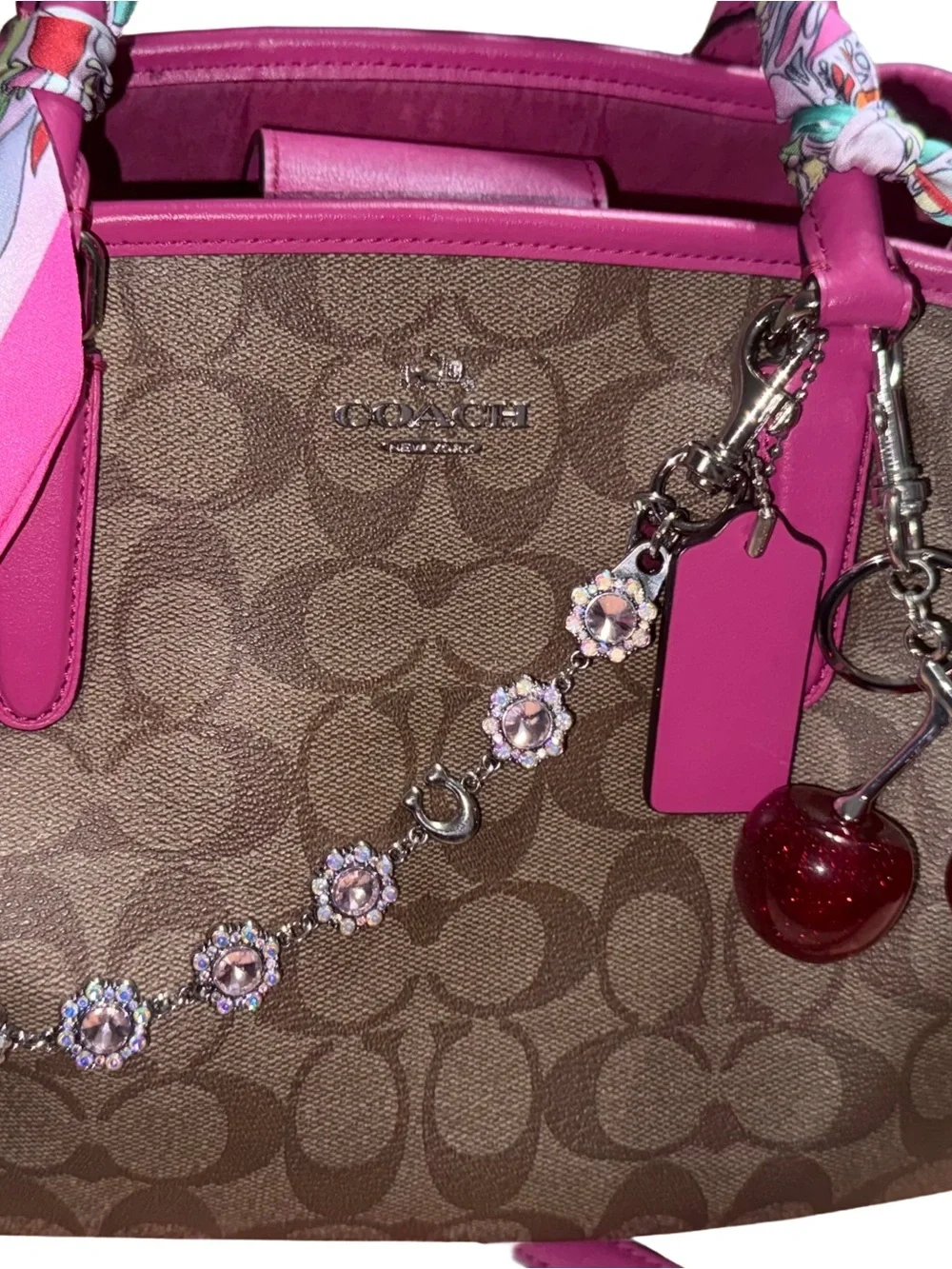 Coach Brown Monogram Satchel with Pink Trim and Cherry Charm
